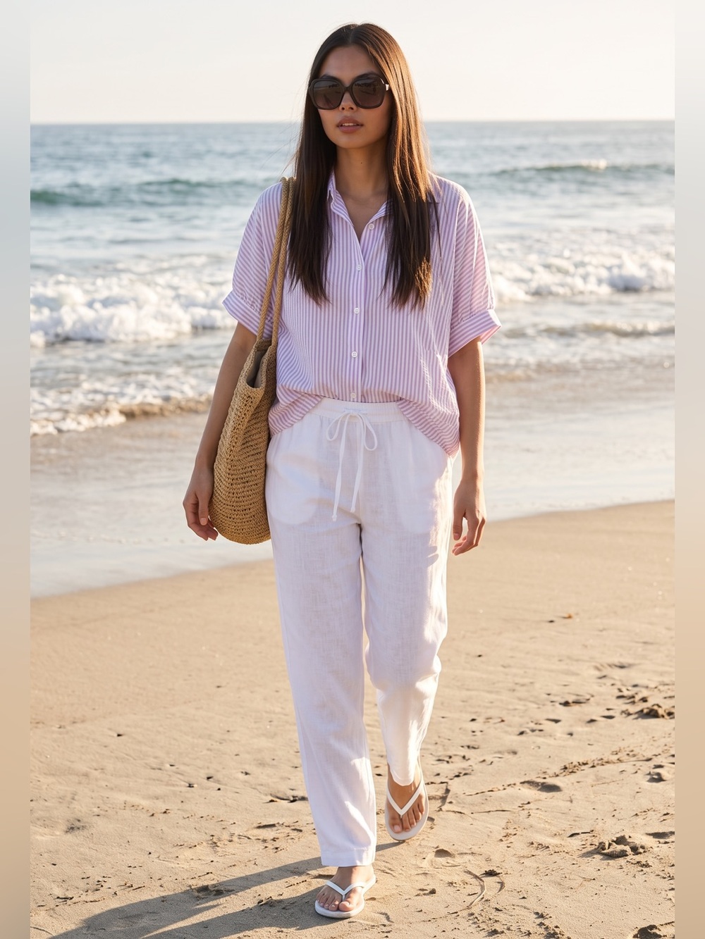 Relaxed White Linen Straight-Leg Pants for Women